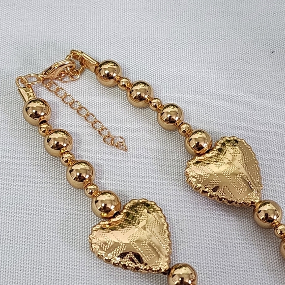 Chunky Gold Puffy Hearts with Greek Key Design and Bead Necklace - Picture 5 of 10
